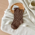 Deep brown women's wool socks with white polka dots and delicate ruffle edge detail - One Size / Coffee