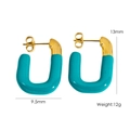 Teal enamel and gold-plated U-shaped stainless steel earrings measuring 13mm by 9.5mm - Cyan (YTE2410501-5)