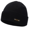 Gorro de punto negro clásico con parche deportivo de cuero marrón y remaches - Negro