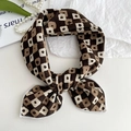 Cotton linen floral neck scarf with vintage brown geometric patterns and dots - Square Coffee