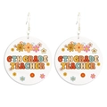 Detail of 6th Grade Teacher round faux leather earrings with colorful floral prints - 6th Grade Teacher (Hook)