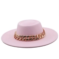 Close-up of light pink wool felt fedora featuring a bold chunky gold chain detail - M (56-58cm) / Pink