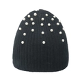 Classic black knitted beanie with white pearl accents and vertical ribbed texture on white back - M (56-58cm) / Black