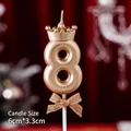 Number 8 birthday candle in matte gold with crown and bow, size 6cm by 3.3cm - Number Candle Crown Bow Champagne Color 8