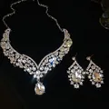 Sparkling waterdrop rhinestone necklace and earring set for bridal or evening wear fashion - 90# Necklace-Silver