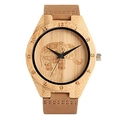 Wooden quartz watch with brown leather strap featuring a carved elephant on the dial - Elephant Pattern Engraved Wood Watch / Elephant