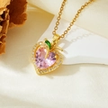 Detail of pink heart zircon pendant with green leaf accent on a gold chain - Gold Pink Zircon Heart Necklace (T021)