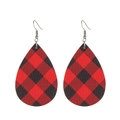Detail of tear drop earrings with classic red and black buffalo plaid leather texture - Red Black Plaid Classic Teardrop