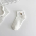 White cotton low-cut sock featuring a small brown rabbit embroidery and ribbed texture - White - Rabbit