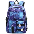 Large galaxy print school backpack in purple and blue with decorative LOVE badges - No Logo Daypack / Starry Blue