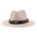 Wide brim straw jazz hat with turquoise vintage band for summer outdoor sun protection - Nude Pink