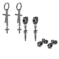 Detail view of 3 pairs black punk earrings set with cross, dagger and zircon studs - Set 17 (Black - Cross/Short Sword/Zirconia Stud)