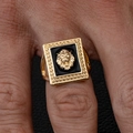 Minimalist square lion head hip hop ring for men in gold finish on black leather - Gold Lion Head