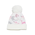 Close-up of white knit hat with fluffy pompom and cute pink cartoon dinosaur pattern - M / White