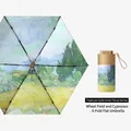 Paraguas plano de 6 pliegues con estampado de Van Gogh y protección solar UV - 19 Pulgadas 6 Varillas / Oro de Titanio-Campo de trigo con cipreses
