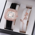 Women's quartz watch gift set with black leather strap, rose gold case and floral bracelet - Black (Watch with Bracelet)
