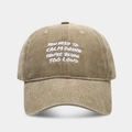 Detail of embroidered quote on washed khaki cotton baseball cap with vintage finish - Adjustable / Khaki