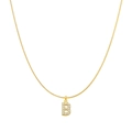 Macro view of gold-plated snake chain and letter B pendant with sparkling cubic zirconia - Letter B