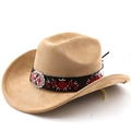 Detail of khaki suede cowboy hat featuring red flower embroidery and silver badge on band - M(56-58cm) / Khaki