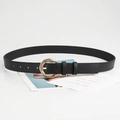 Women's black faux leather belt featuring a round golden pin buckle and litchi texture - Black