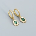 Golden hoop earrings with emerald green zircon sunflower pendant and white crystals - 925 Silver / Gold