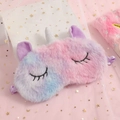 Detailed view of plush unicorn eye mask with silver horn and gradient pastel faux fur - Tie-Dye Purple Multicolor