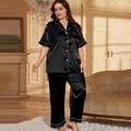 Pijama de dos piezas de seda helada negra con camisa de manga corta y pantalón largo - 3XL / Negro