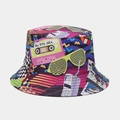 Detail of 80s retro graffiti print bucket hat featuring vintage cassettes and mobile phones - M (56-58cm) / Nostalgic Cassette Style 12# (12#色)