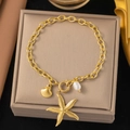 18K gold plated stainless steel chain bracelet with starfish shell and pearl pendants - 【AE154】Pearl Shell Starfish Bracelet Gold