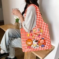 Red and white checkered canvas tote bag featuring cute cartoon animals and Lovely print - Red Gingham Lovely Friends