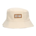 Beige canvas bucket hat with embroidered smiley face patch for sun protection - Off White