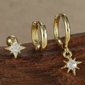 S925 zilveren ster oorbellen set met witte zirkoon in gouden afwerking - Goud (3-delige set)