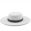 Minimalist white wool felt boater hat with pearl and rhinestone band on white background - M(56-58cm) / White