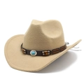 Dettaglio cappello cowboy in lana con fascia in pelle, turchese e perline di legno - M (56-58cm) / Cammello