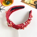 Detailed view of red Halloween headband with spider web pattern and pearl embellishments - Halloween Knot Headband - Red Spider Web with Pearls