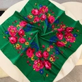 Green vintage floral cotton linen square scarf with vibrant pink and yellow blossoms - 70x70cm / Green