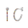 Close-up of S925 sterling silver C-shaped hoop earrings with rainbow zircon stones - Silver Rainbow Zircon Hoop Earrings