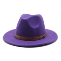 Close-up of purple wool felt fedora featuring a patterned brown leather band and metal buckle - M (56-58cm) / Purple