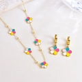 Parure de bijoux floraux colorés avec collier et boucles d'oreilles roses et jaunes - Collier + Boucles d'oreilles