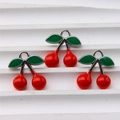 DIY cherry pendant charms in red and green enamel with silver metal hooks for bracelets - Style 41 Small Double Leaf