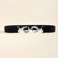 Women's black elastic waist belt featuring a unique silver hand-shaped interlocking buckle - Black Strap Silver Buckle