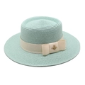 Mint green straw boater hat featuring beige ribbon and gold bee accent in center - M (56-58cm) / Mint Green
