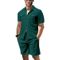 Conjunto de verano para hombre en punto gofrado verde oscuro con camisa y pantalón - Verde Oscuro