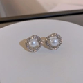 Detailed macro shot of C-shaped earrings with central pearl and sparkling crystal pavé - Silver Double Circle Pearl Diamond Stud Style (46#)
