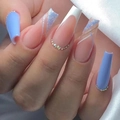 Blauwe gestreepte Franse lange coffin press-on nagels met strass-steentjes en glitter - Blauwe Streep Franse Strass Stijl - Lijm Type (CBLCY-244)