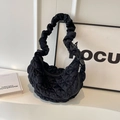 Quilted black cloud bag in velvet finish with ruffled shoulder strap and zip closure - Black