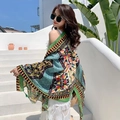 Bohemian floral cotton linen shawl scarf with tassels for beach sun protection - Bohemian Print Style (37116)