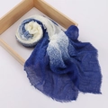 Detail of blue and white gradient silk cotton scarf with frayed edges in wood frame - Light Blue White Gradient