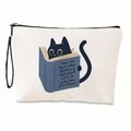 Dettaglio della trousse in tela con grazioso gattino nascosto dietro libri blu stampati - Stile Gatto Nero che Legge(xy-005-05)