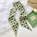 Elegant forest green vintage checkered narrow silk scarf for hair and bag styling - Green Rhombus